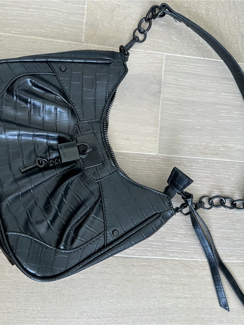 Aldo Black Croc-Embossed Shoulder Bag with Chain Strap